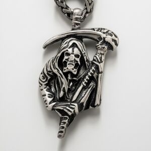 Stainless Steel And Black Grim Reaper Pendant Necklace
